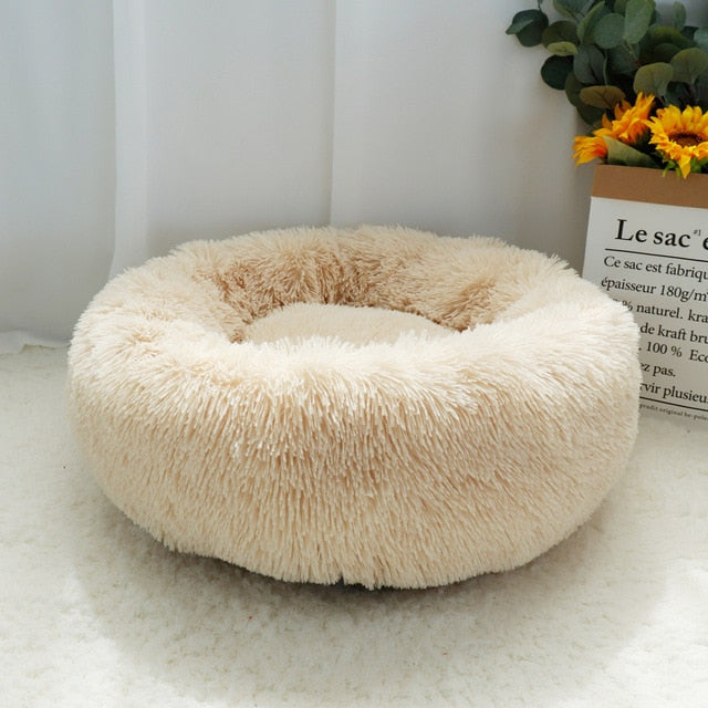 Pet Dog Bed Warm Fleece Round Dog Kennel House Long Plush